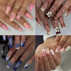 96pcs Long Square Nude French Nail Set, Flower Polka Dot Stripe Press-On Nails, Acrylic False Nails for Party Dance Daily Wear