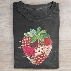 Strawberry Patchwork Graphic T-Shirt, Cute Fruit Design, Vintage Patch Style, Feminine Casual Tee, Spring Fashion Top