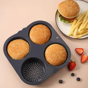 4-cavity Silicone Hamburger Bun Pan, Nonstick Loaf Pan & Heat Resistant Burger Bun Pans for Baking, Bread Pans for Homemade Bread, Bread pans for baking, Easy to Use Burger Pan
