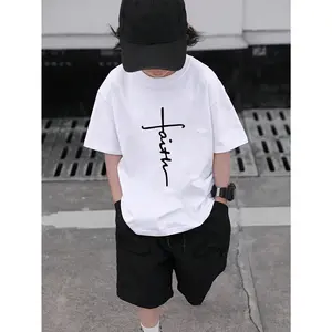 Boys' Casual Beige "Faith" Print Crew Neck Short Sleeve T-Shirt - Stretchy Polyester Blend, Machine Washable, Summer Wear, Tween Boy Clothes