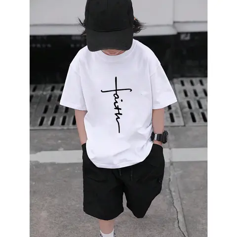 Boys' Fitted Crewneck Short Sleeve Graphic Print Tee - Beige "Faith" Design, Stretchy Cotton-Polyester Blend, Machine Washable, Summer Sports Top, Tween Kids Clothing, Casual Wear, Medium Length, Crewneck Shortsleeve Tee, Graphic Print Shirt