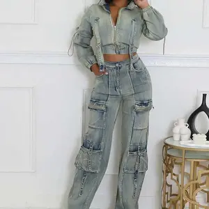 2-piece Set Women Winter Long Sleeve Denim Jacket and Jeans Streetwear Sexy Stretch Jeans Set Wholesale Dropshipping Women's Clothing Can be used with a raincoat