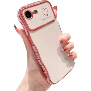 for  16e Case for Women Girls, Luxury Cute Wave Frame Curly Shape with Love Heart Raised Camera Protection Slim Fit Cover  Shockproof Case for  16E 6.1",