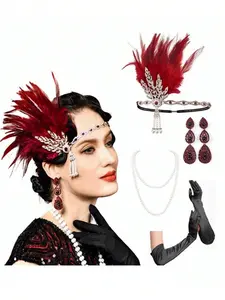 1920s vintage flapper accessories, elegant red rhinestone feather headpiece, long gloves, necklace and earrings; opera-style accessories, suitable for cosplay, festive parties, themed parties, and gatherings, Fashion