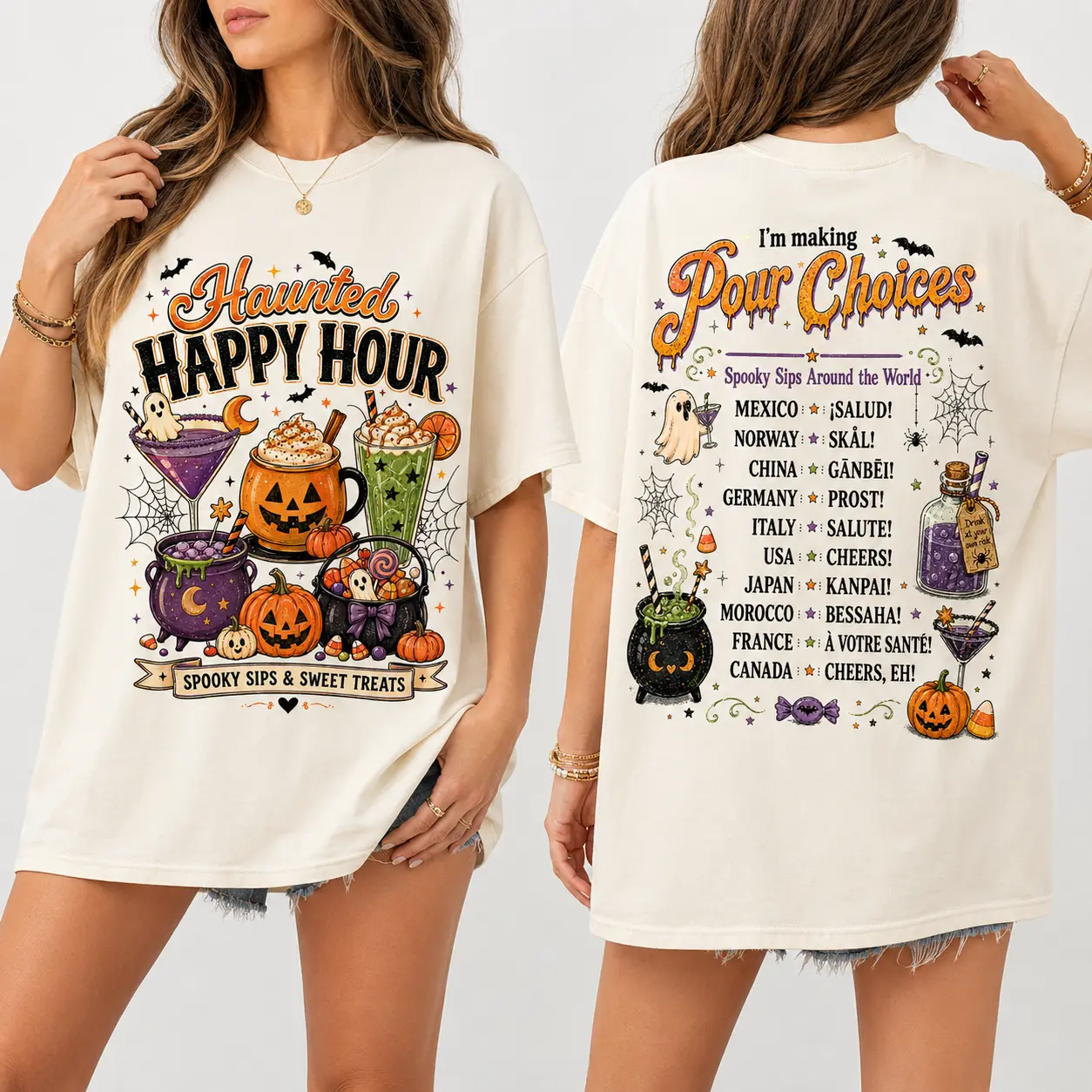 [100% Cotton] Haunted Happy Hour T-Shirt, Haunted Happy Hour Graphic Tee, Spooky Halloween Cocktail Shirt, Pour Choices Oversized Tee, Cute Retro Drink Lover Party Outfit, Halloween Bar Crawl Gift For Women