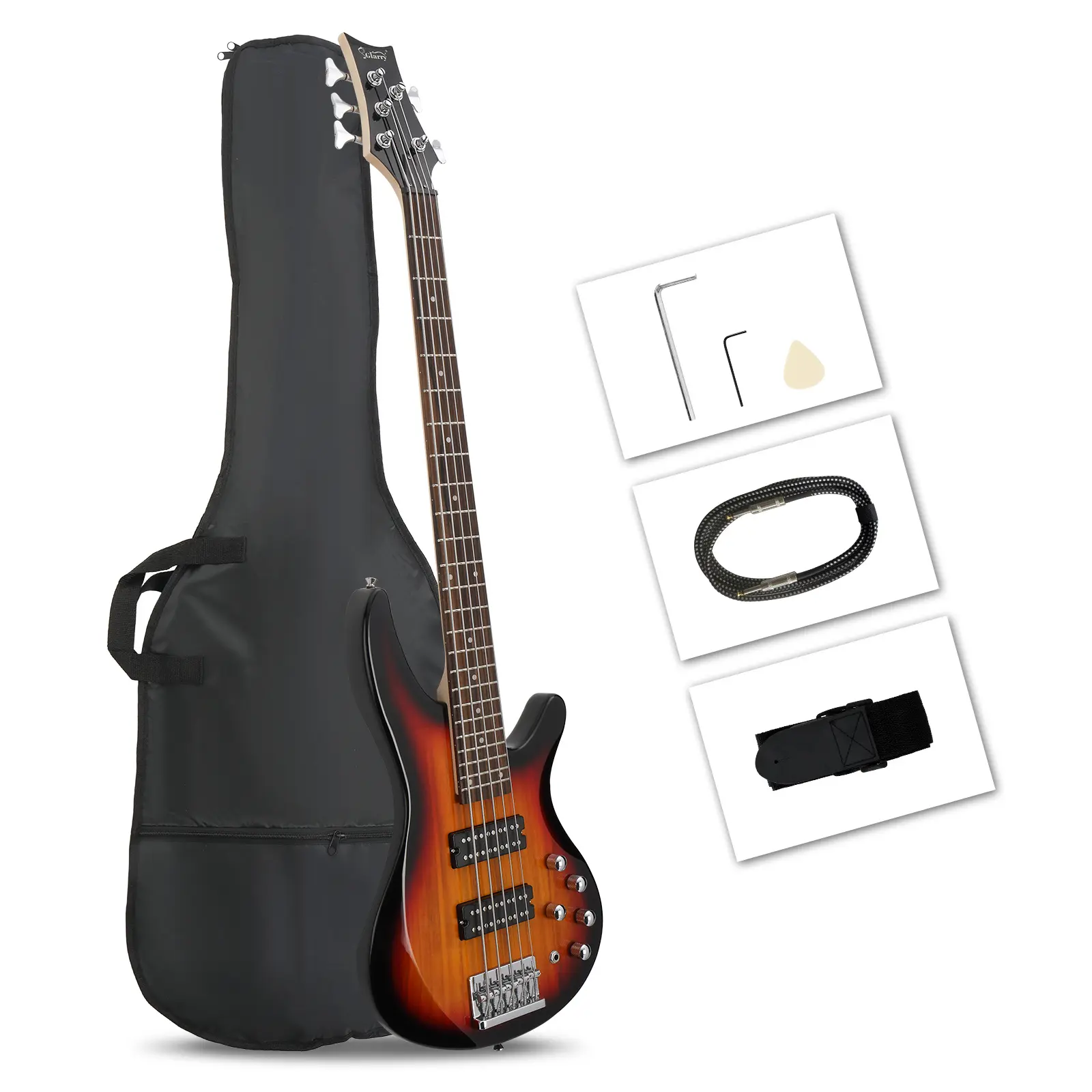 Beginner-Level 5-String Right-Hand Electric Bass Guitar (44x12.56x1.65in, 24 Frets) - H-H Humbucker Pickup, Wooden Laurel Wood Fingerboard, Basswood Body, Synthetic Components, Adjustable Accessories, Wrench Tool, 11.44Lb / 5.2Kg, Sunset Color, Carry Bag