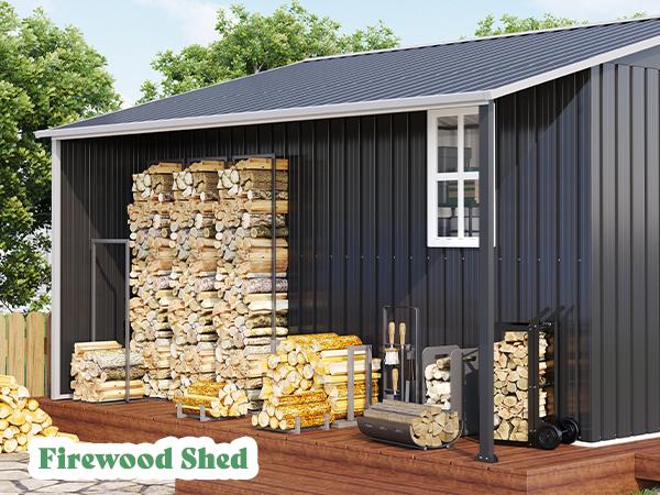 【Ships in Multiple Boxes】AMERLIFE Outdoor Storage Shed with Sliding Doors Two 4-Pane Windows, Open Outdoor Shed for Wood Storage, Dark Grey/White