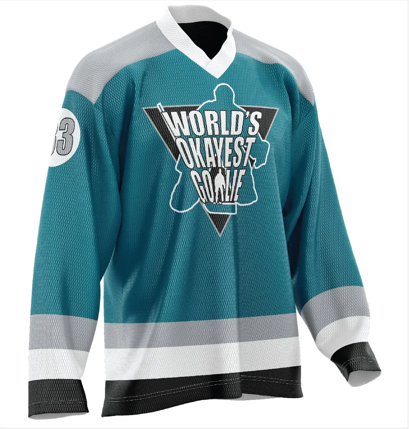 World's Okayest Goalie Hockey Jersey Teal White Gray Fully Sublimated for Bold Colors and Long Lasting Non Fade Customizable with Name and Number 100% Polyester
