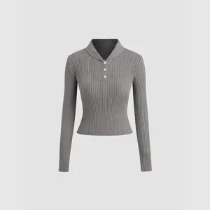 Cider [size 2-26] Knit Collar Solid Button Long Sleeve Top