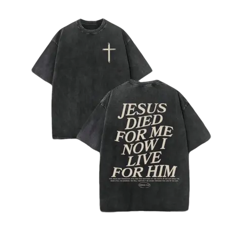 Men's 230 Cotton Retro Washed Short-Sleeve Round Neck T-Shirt - Menswear, Front+Back Faith Slogan Print "JESUS DIED FOR ME NOW I LIVE FOR HIM", Christian Clothing, Casual T-Shirts, Everyday Basics, Christian Gift