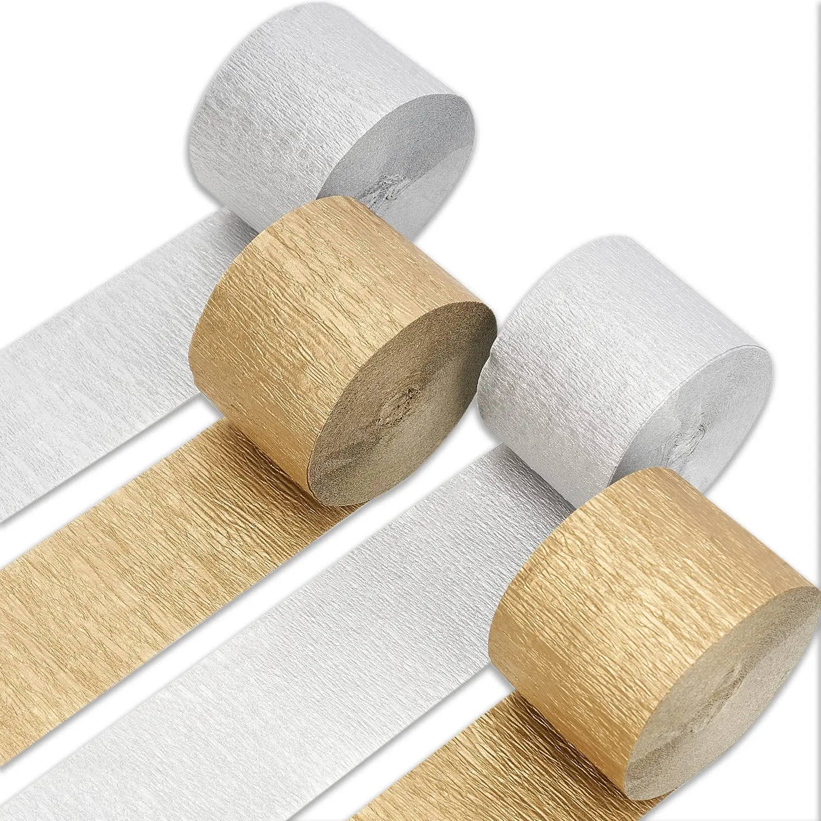 PartyWoo Pre-Rolled Metallic 2 Gold & 2 Silver Crepe Paper Streamers, 4-Piece 82ft Length Each (Total 328ft) 30% Thicker Festive Decor for Birthday, Celebration, Anniversary Home Supplies, Decorations