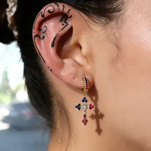 YEAHLOVE Vintage Sparkling Cross Drop Hoop Earrings | Retro Statement Jewelry for Everyday Wear, Protection & Good Luck