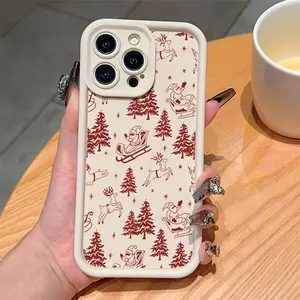 White Christmas Red Santa Claus and Reindeer Pattern Phone Case for IPhone 17 Pro Max 16 Plus 15 14 13 12 11 Air E Shockproof Full Camera Protection Durable Slim Silicone Cover