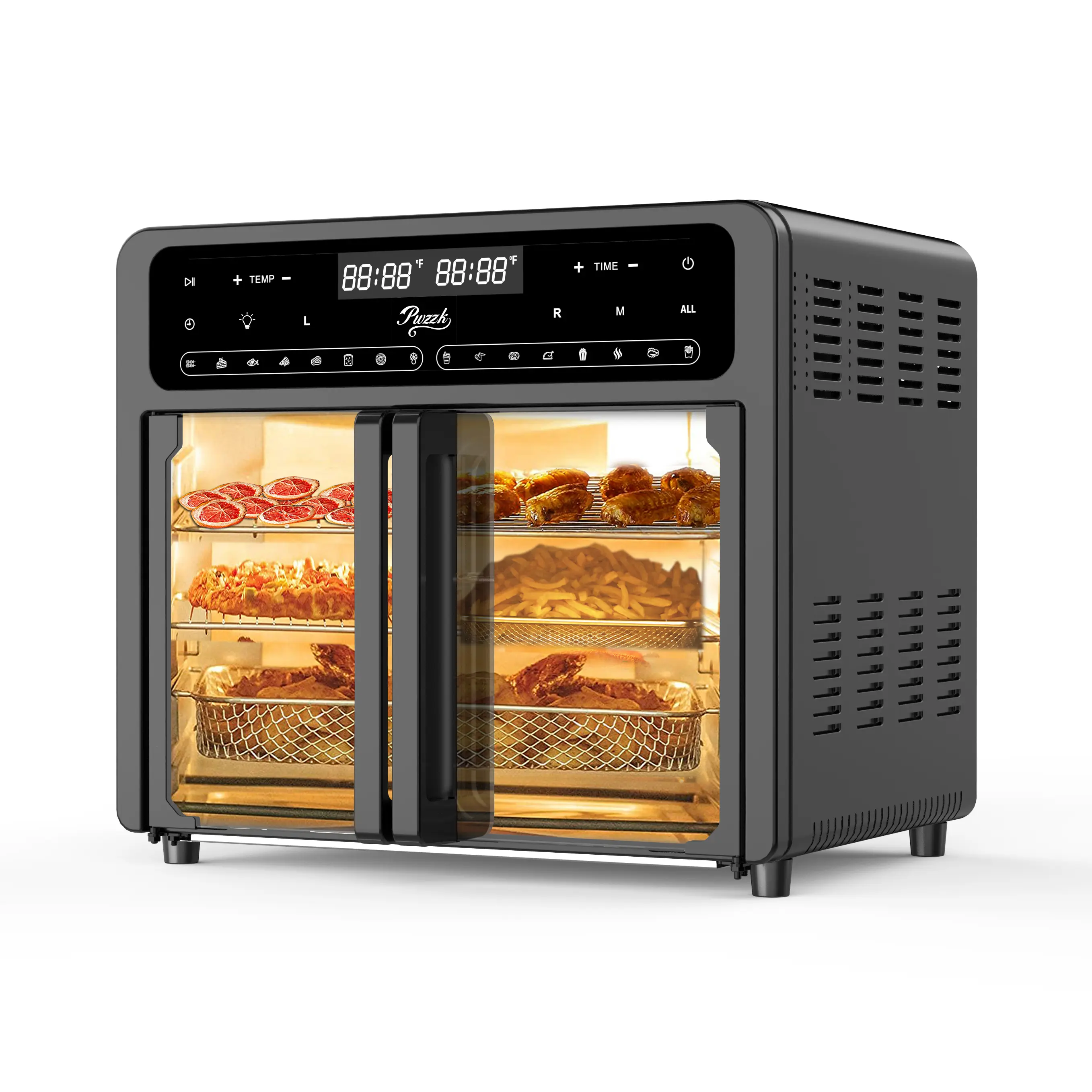 PwZzK Dual Zone Air Fryer Oven, Durable Steel French Glass Door 25.4QT 16-in-1 Cooker with LED Screen & Dual-Fan 360° Heat Circulation