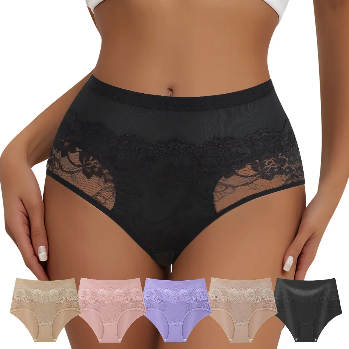 5-Pack Women's Sexy High-Waisted Lace Panties, Basic Soft Breathable Fit for All-Day Comfort，Sexy Fitted Floral Plant Flower Print, Comfortable Triangle Panties, Lace Fitted Panty
