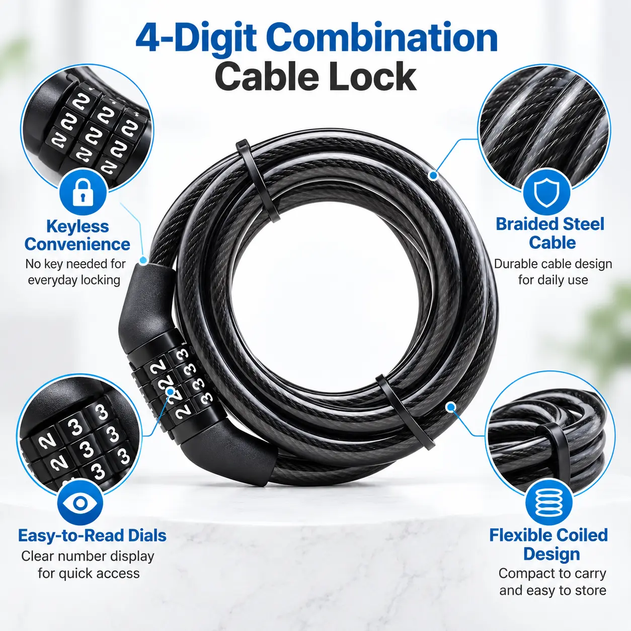 4-Digit Combination Cable Lock for Bikes, Scooters & Helmets, Braided Steel Security Cable Lock with Easy-Read Dials, Flexible Coiled Bike Lock for Cycling & Outdoor Gear