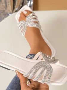 Women's Anti-Slip Wear-Resistant Rhinestone Woven Square Toe Flat Sandals, Fashion Versatile Rhinestone Decor Summer Shoes