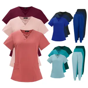 Scrubs for Women Set Fall Medical Uniform Stretch V-Neck Scrub Top Jogger Pant with Pockets