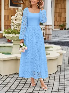 Bohemian-Style Wedding Guest Dress — A-Line Maxi Dress featuring Puff Sleeves and Lace Cutouts; an Elegant, Solid-Color Maxi Gown with a Square Neckline, Perfect for Wear as a Wedding Guest Outfit or Prom Dress., Chic, Dress For Wedding Guest Womenswear s