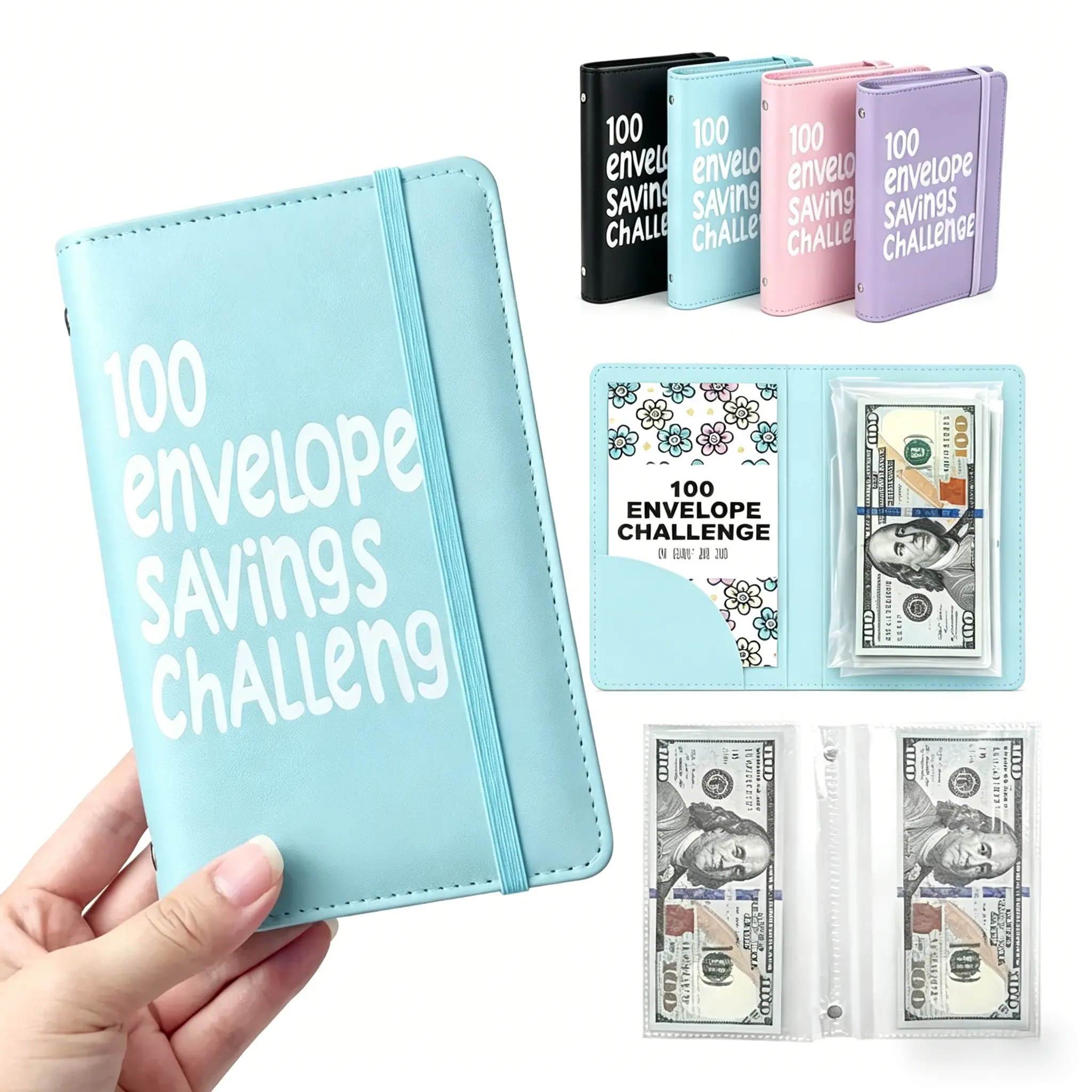 2026 PU Leather 100 Envelope Savings ChallengeBinder,Cash Budget Binder with 100 Envelopes & Stickers,Save$5,050 in 100 Days Budget Planner