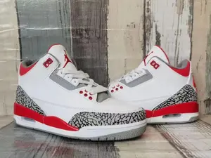 White Tumbled Leather with Grey Elephant Print and Red Accents Retro Mid-Top Basketball Shoes