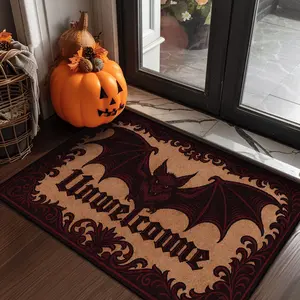1 Entry Mat | Door Rug | Halloween Rug | Unwelcome Halloween Bat Print Pattern | Soft and Comfortable Non-slip Design Machine Washable | Halloween Home Holiday Decoration Celebration | Suitable for Home Entrance Home Decorative Rug