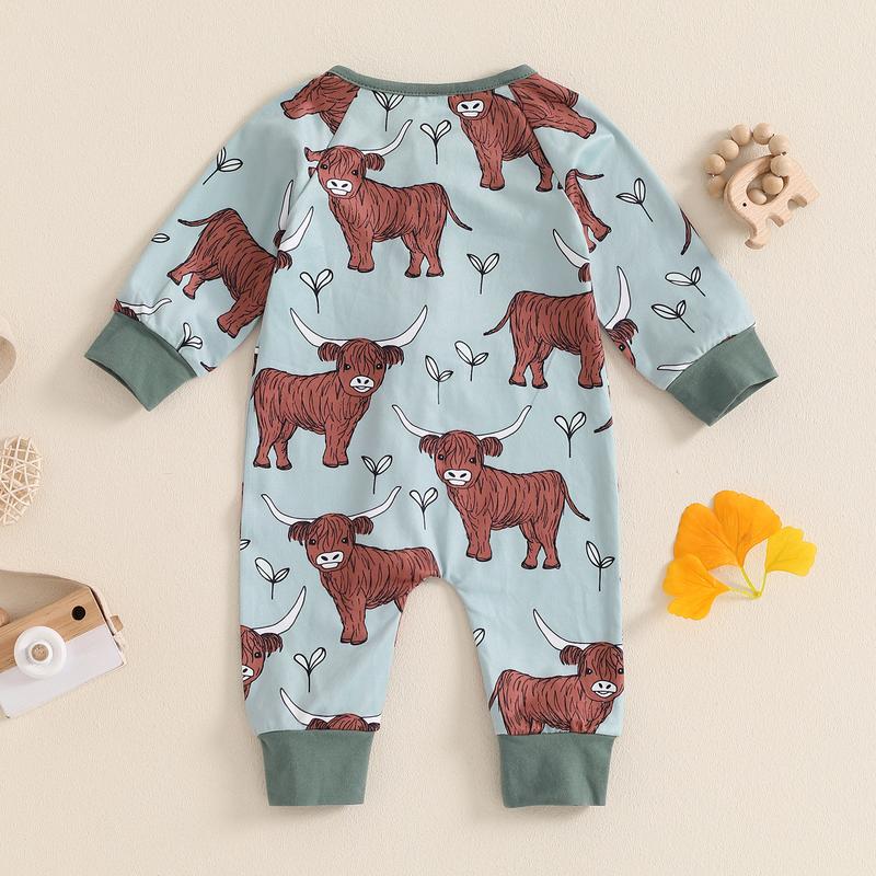 Country Baby Clothes Boy Girl Western Highland Cow Print Long Sleeve Romper Zipper  Jumpsuit Spring Fall Outfit 0-12M