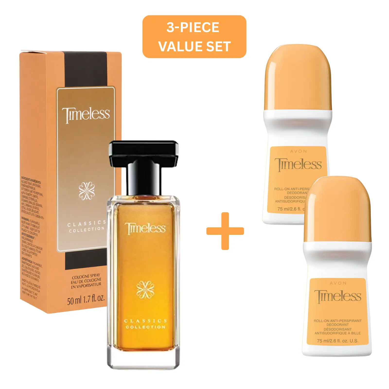 Timeless 3-Piece Value Set – Cologne Spray 1.7 oz + 2 Roll-On Deodorants Bundle