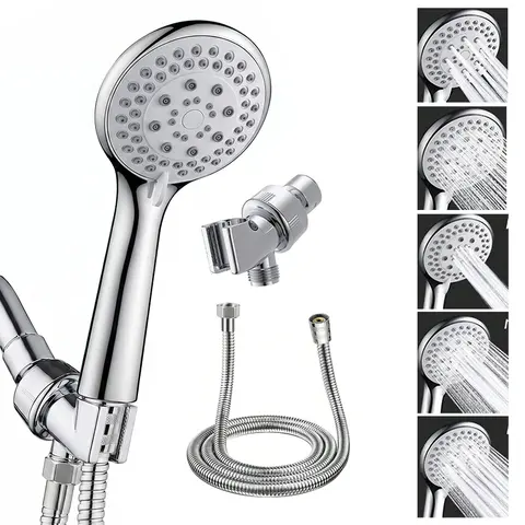 5-Set adjustable high-pressure handheld shower, large flow, with stainless bracket & 59" anti-burst hose. Ideal for home, hotel, wall-mount, outdoor, RV. Modern upgrade, great for [Halloween & Christmas Gift]