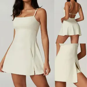 Womens Spaghetti Strap Tennis Dress with Shorts Workout Side Slit Active Golf Dresses sleeveless tennis solid backless Compression Garment Crop Top