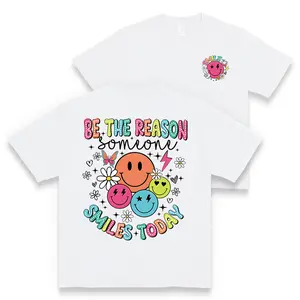 Women's "Be the Reason Someone Smiles Today" Graphic T-Shirt - 100% Cotton Casual Crew Neck Short Sleeve Top with Playful Emoticons, Spring & Summer Essential, Soft & Comfy Printed Tee