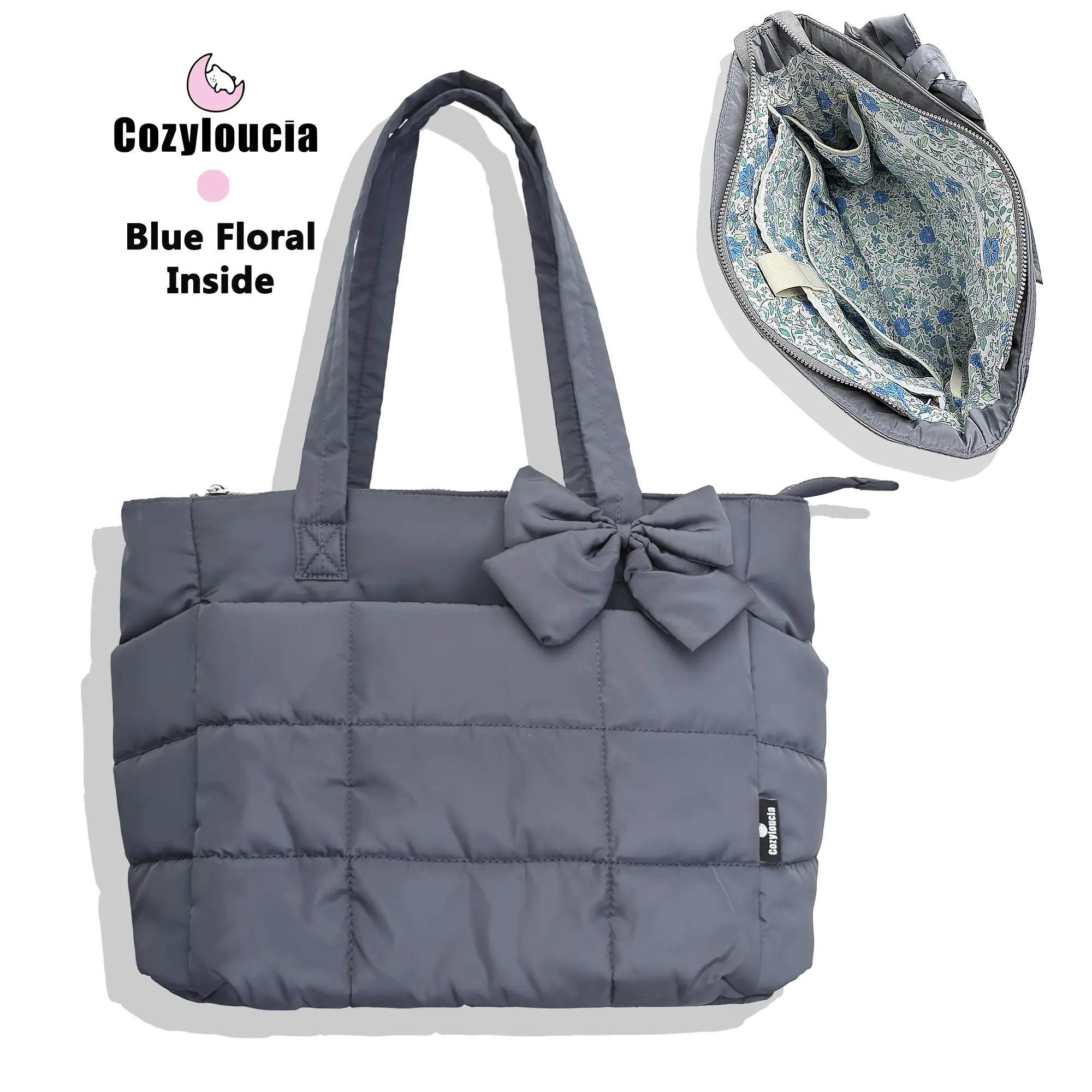 B-Grey -Blue Floral-Bow