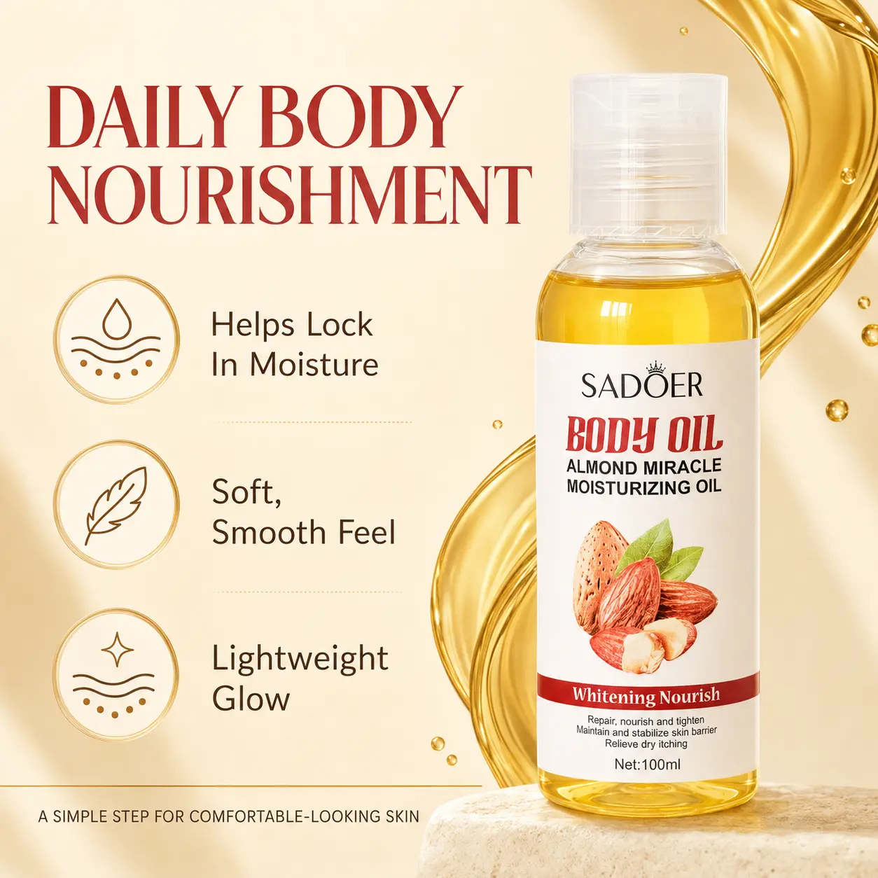Nourishing Almond Body & Massage Oil - 100ml, Cosmetic Body Care Oil for Daily Moisturizing, Soothing Skin, Skin Body Oil