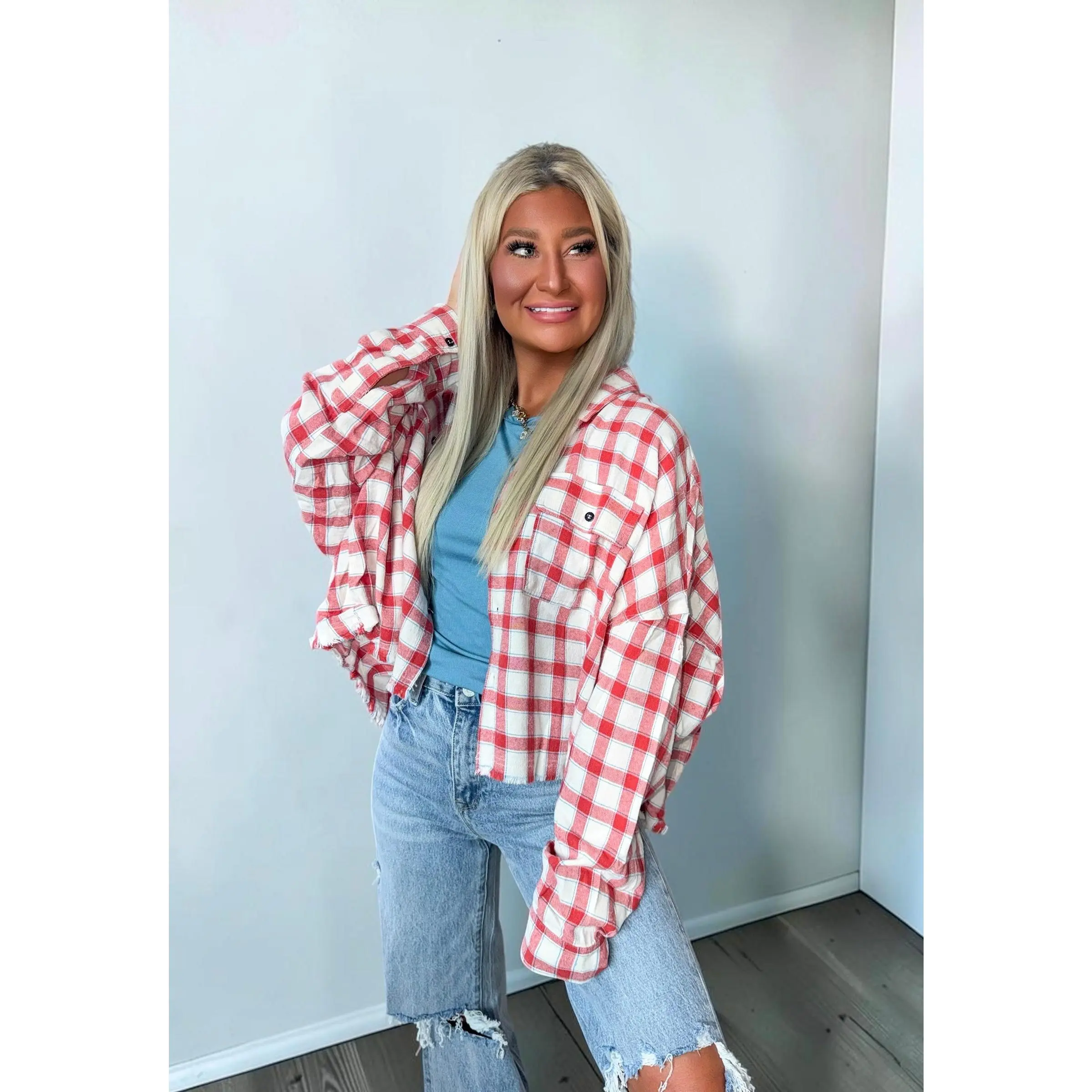 Frayed Edge Plaid Button Down Top