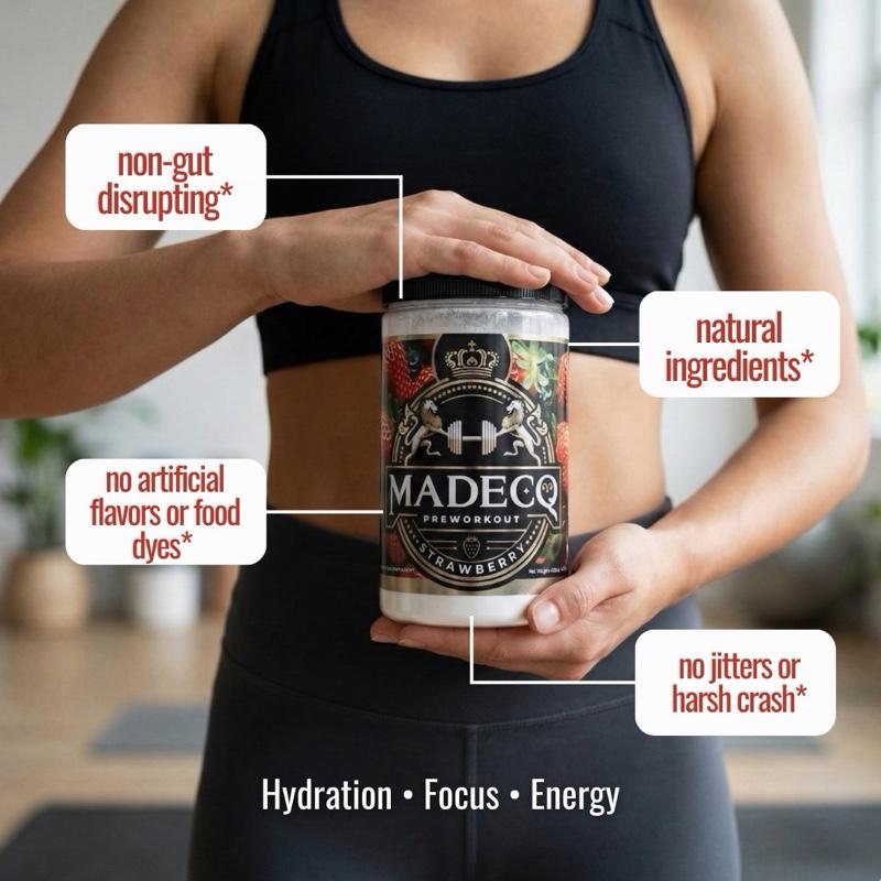 MADECQ Most Healthy Pre-Workout - 8 Natural Ingredients - 30 Servings - Strawberry Flavor - FDA Regulated - No Artificial Sweeteners or Colors - Fitness Supplement