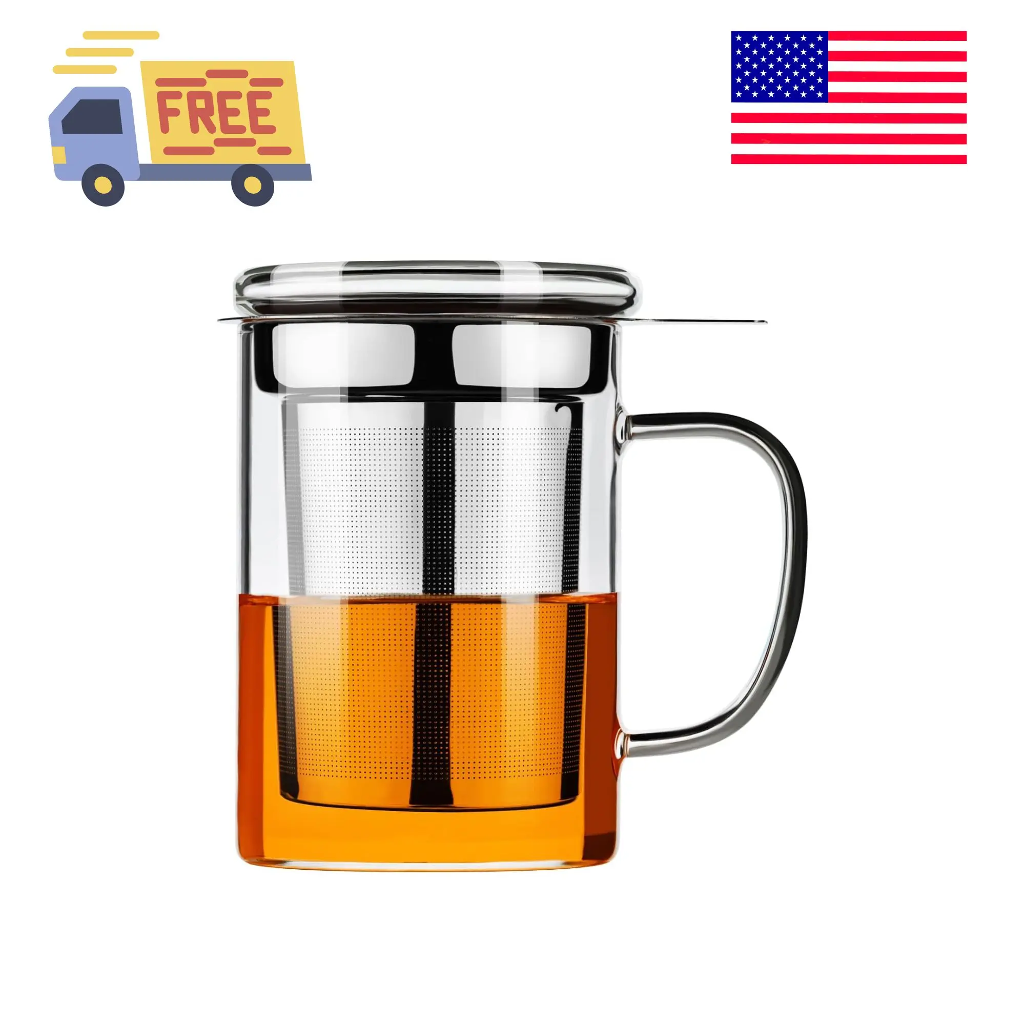 Tea Cup, Borosilicate Clear Tea Mug with Removable Stainless Steel Infuser and Lid