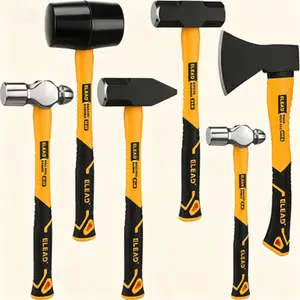 Fiberglass Handle Hammer Set, Forge Steel Head Mallet & Peen Hammers, 6-Piece Tool Kit with 32oz Rubber Mallet, 16oz Ball Peen, 3LB Sledge and Cross Peen, 600g Wood Splitting Axe, Durable Professional Workshop Tools