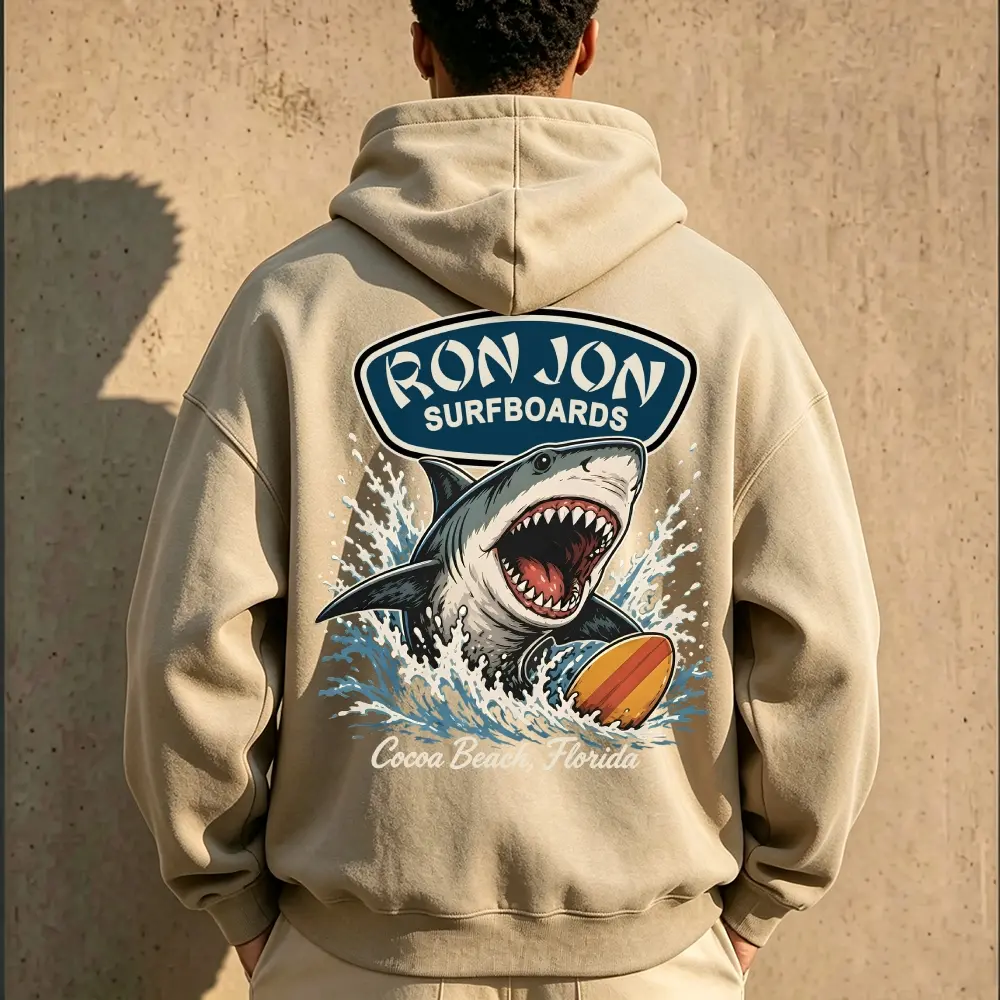 Vintage Shark Surfboards Graphic Hoodie | Cocoa Beach Florida Graphic Sweatshirt | Retro Ocean Aesthetic Streetwear Hooded Top | Trendy Pullover Unisex