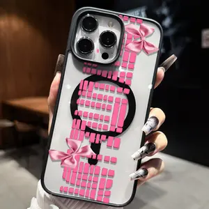 This minimalist magnetic phone case features a cute microphone design with a pink bow, is compatible with iPhone and Samsung phones, and supports wireless charging.  It's a perfect holiday gift or a great option for couples' matching phone cases.
