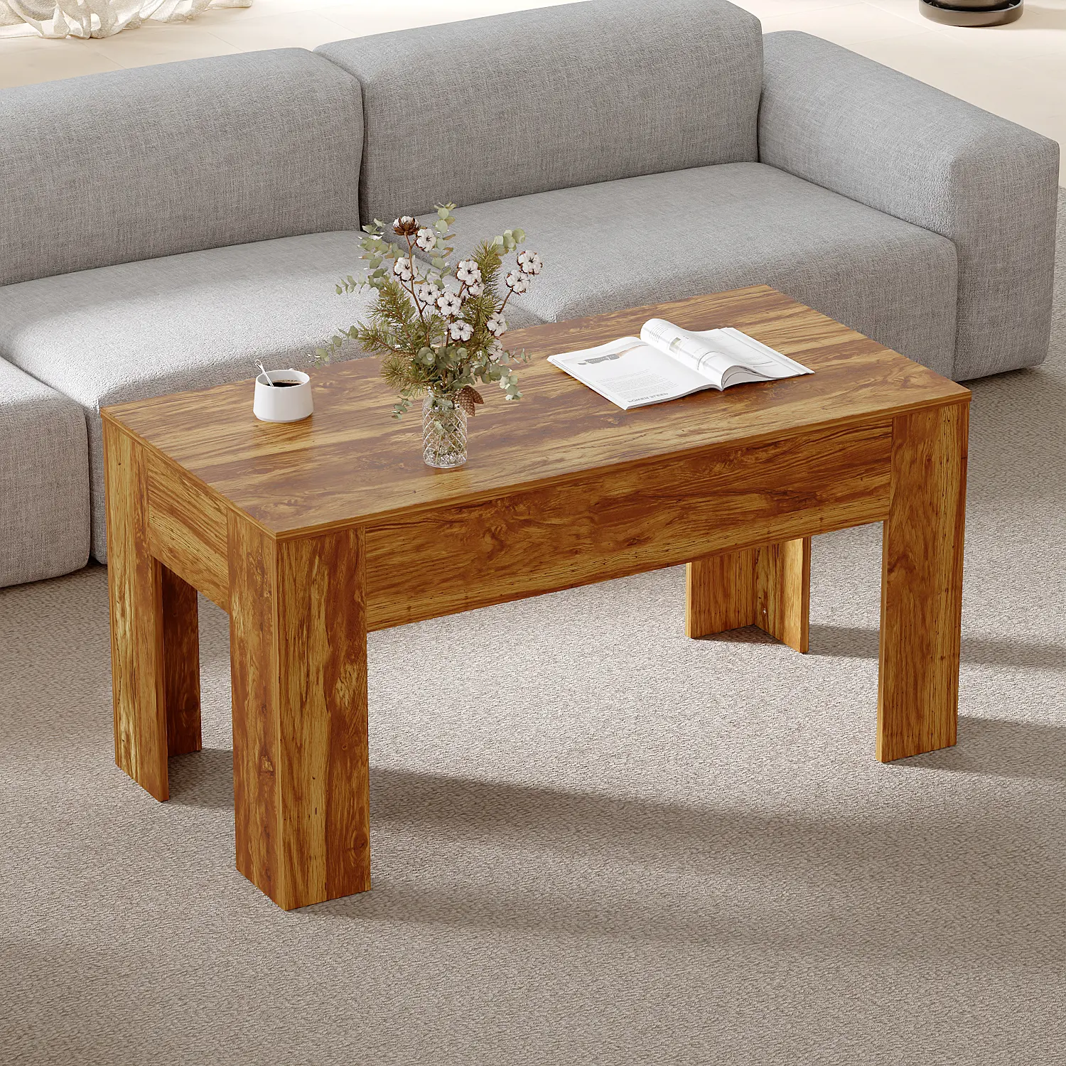 FUFU&GAGA 39.4" Wood Coffee Table with Hidden Compartment, Push-to-Open Secret Storage Table with Hooks