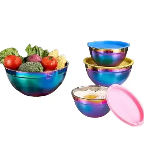 8-piece Rainbow Iridescent Metal Stainless Steel Mixing Baking and Cooking Bowls with Color Lids