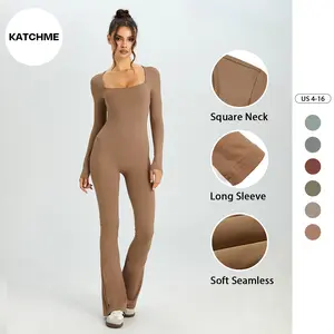 KatchMe Women's Sports Square Neck Long Sleeve Seamless Shaping Flared Jumpsuit,Plain Womenswear,Womens Flared Romper,Butt-Lifting Shapewear
