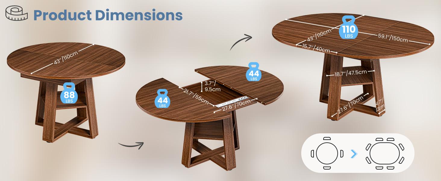 Extendable Round Dining Table for 4-8, Modern Kitchen Oval Dinner Table with Storage Shelf, Wood Pedestal Table, Space Saving Modern Style