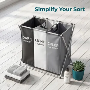 3-Section Collapsible Laundry Hamper with Aluminum Frame, Waterproof Fabric, Easy Setup, Sort Laundry Function, Large Foldable Collapsible Basket for Home, Apartment