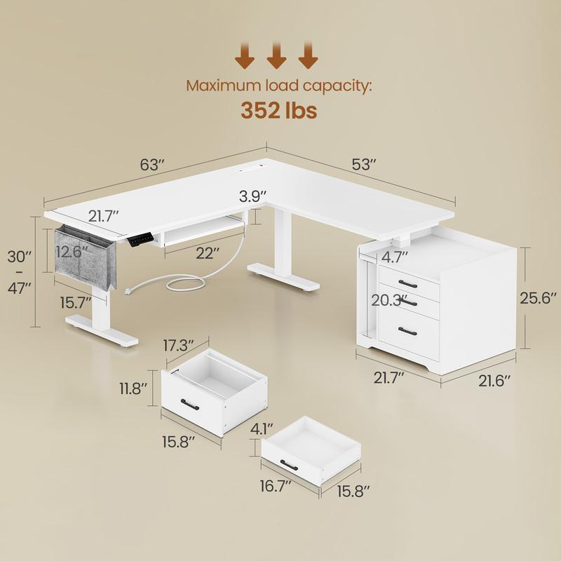SEDETA 63 Inch Height Adjustable L Shaped Electric Standing Desk Computer Gaming Desk with Led Lights 3 Drawers Power Outlet