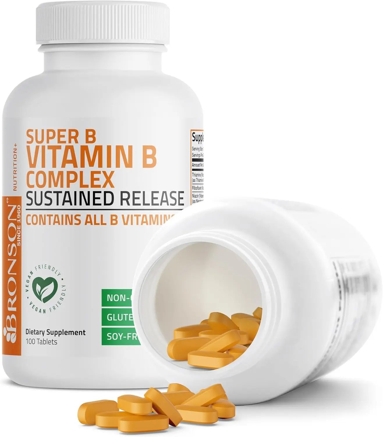 Bronson Super B Vitamin B Complex Sustained Release for Energy, 100 Tablets | B1, B2, B3, B6, Folic Acid, B12, Biotin & Pantothenic Acid, One-Tablet Formula, Non-GMO, Gluten-Free & Soy-Free