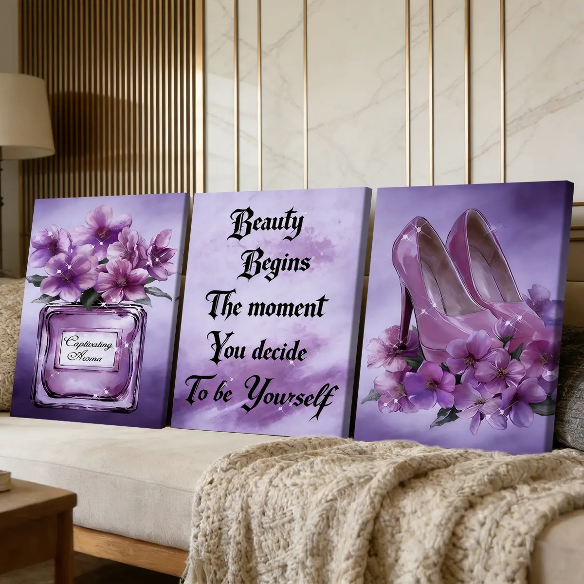 3 Counts Wooden Framed Canvas Painting, Purple Perfume And Flower Shoes Images, Floral Aesthetic Pattern, Poster, Perfect Gift, Home Decor, Room Wall Decor, Modern Art, Wall Art Decoration, Vibrant Print