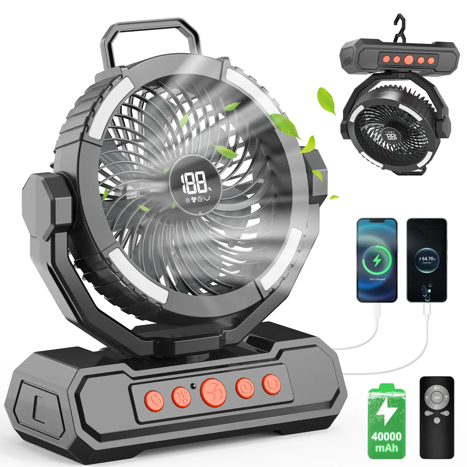 40000mAh Camping Fan with Remote Control, 6 Speeds, Timer, Auto Oscillation, LED Light & Digital Display – Ideal for Tents, Travel, Camping & Power Outages!