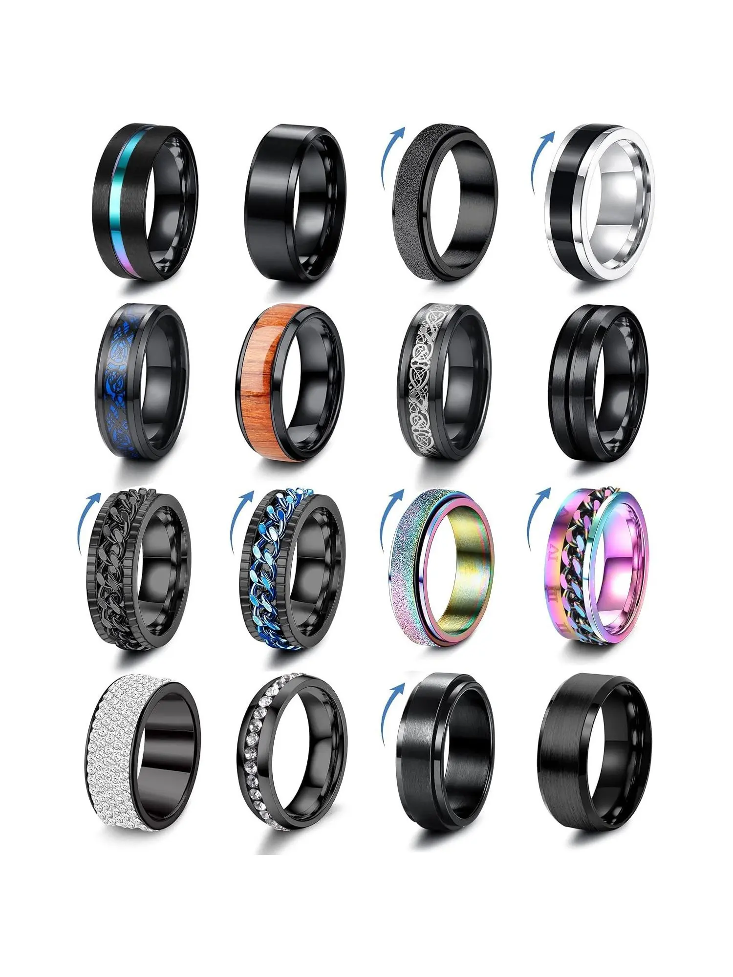 16Pcs Stainless Steel Band Rings for Men Women Stackable Rings Fidget Anxiety Relief Rings Cool Chain Beveled Edges Celtic Black Band Spinner Rings Statement Rings Set for Wedding Promise Mens Rings Pack