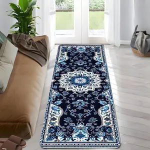 Valentine'S Day Blue And White Porcelain Mandala Rug - 1pc, Non-Slip, Machine Washable, for Bathroom, Kitchen, Bedroom And Hallway Decoration